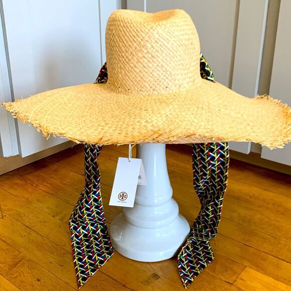 NWT Tory Burch Straw Hat with Silk Tie in Black Basketweave Print OS